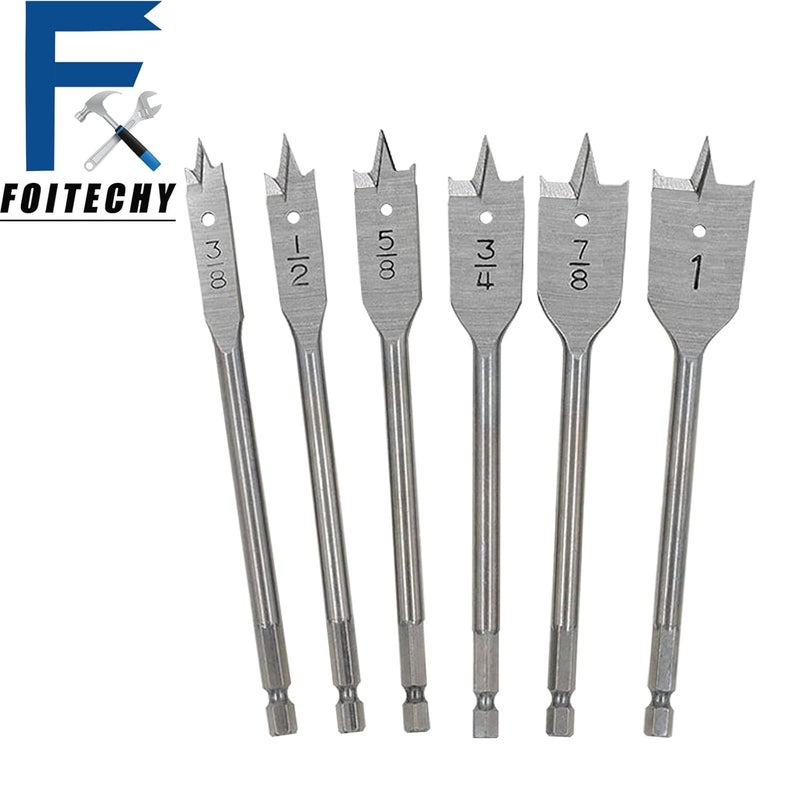 FOITECHY (6pcs) Spade Drill Bits3/8“-1”,Hex Shank Drill Bit Set,Hole Cutter, Titanium Coating, Carbon Steel Heavy Duty Sturdy Woodworking Flat Boring Drill High Carbon Steel Paddle Silver - Image 3